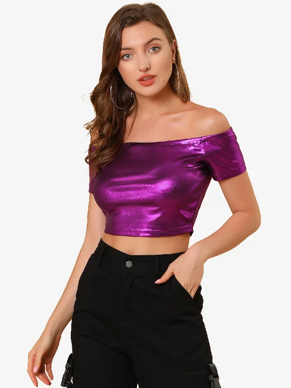 Halloween Off Shoulder Party Club Slim Fit Shiny Metallic Crop Top