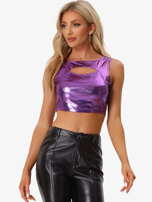 Metallic Shiny Sleeveless Cut Out Party Holographic Tank Crop Top