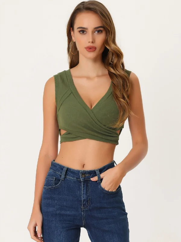 Deep V Neck Criss Cross Front Sleeveless Sexy Crop Top