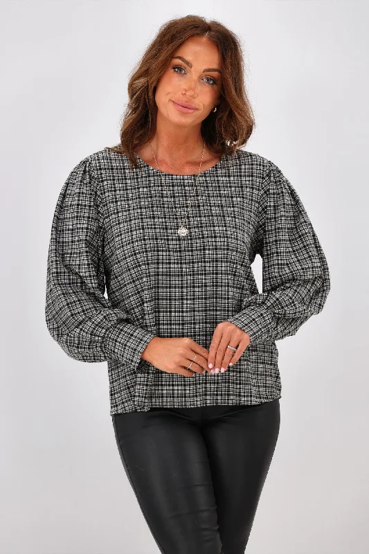 Shine On Label Tayla Gathered Gingham Top Black White