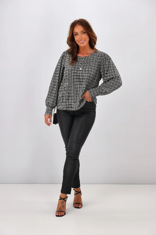 Shine On Label Tayla Gathered Gingham Top Black White