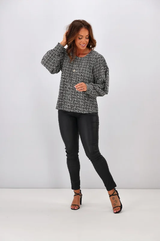 Shine On Label Tayla Gathered Gingham Top Black White