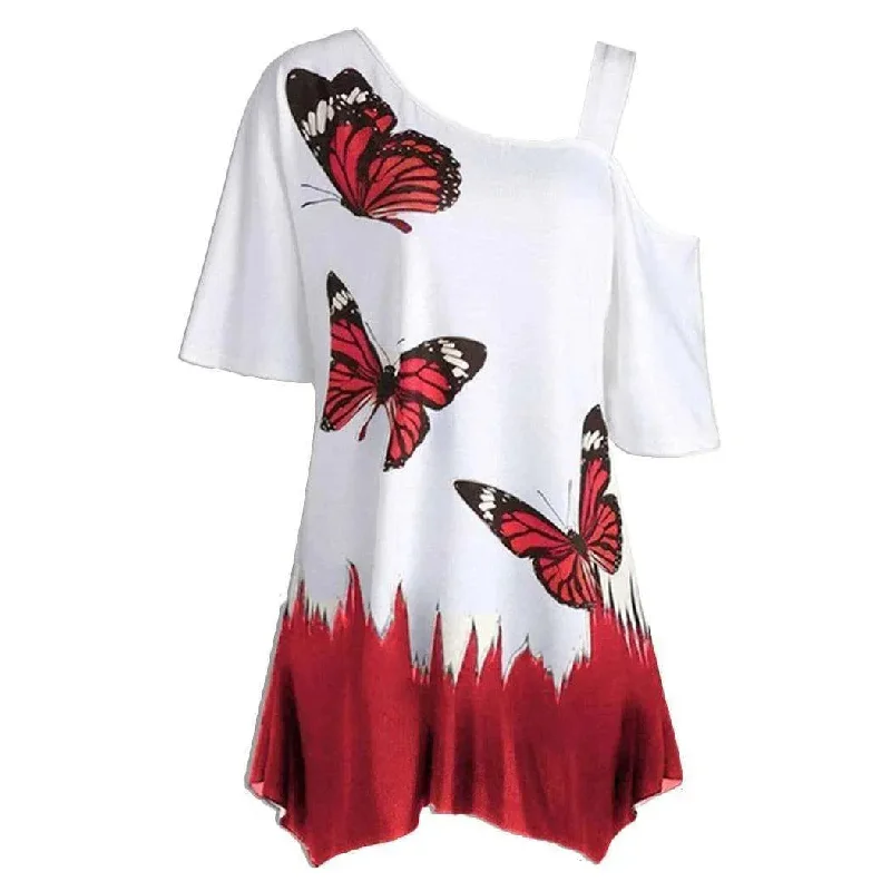 Women's One Shoulder Butterfly Print Summer Blouse