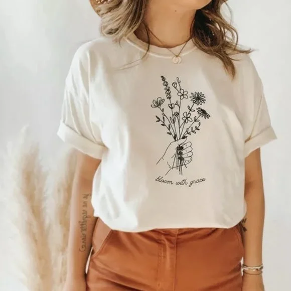 Vintage White Bloom With Grace Bella Canvas Graphic Tee Womens T-Shirt Top