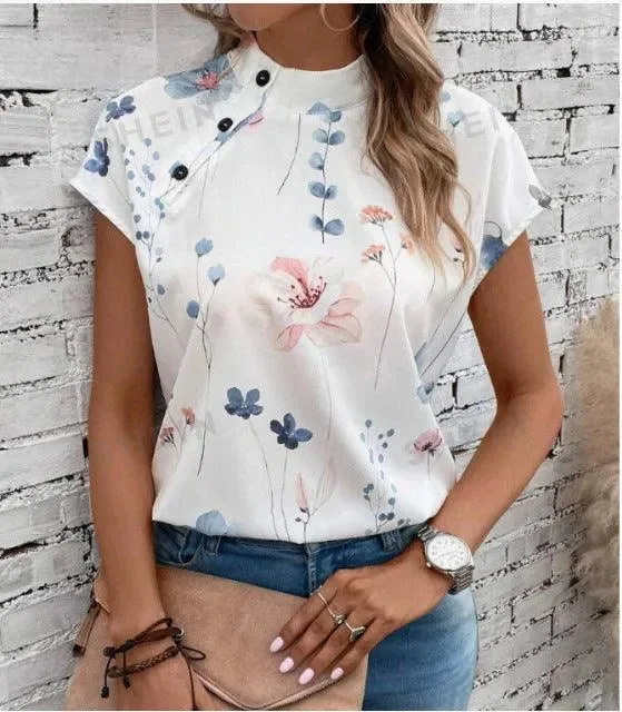 Women's Casual Stand Collar Short-sleeved Digital Printed Top T-shirt