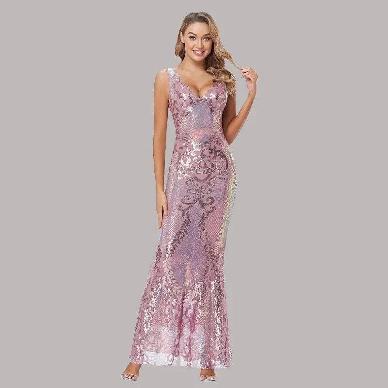 Women's Fashionable Sequin High Waist Sleeveless V-Neck Evening Gown