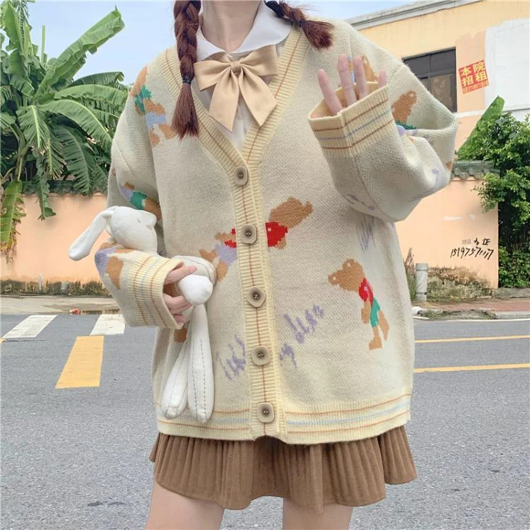 Women's Kawaii Bear Embroidered Single-breasted Cardigans