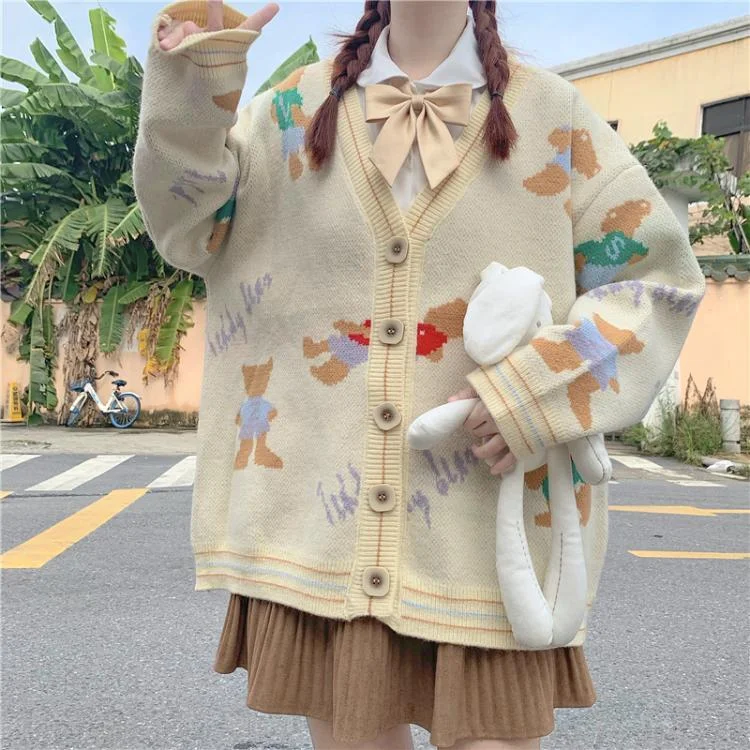 Women's Kawaii Bear Embroidered Single-breasted Cardigans