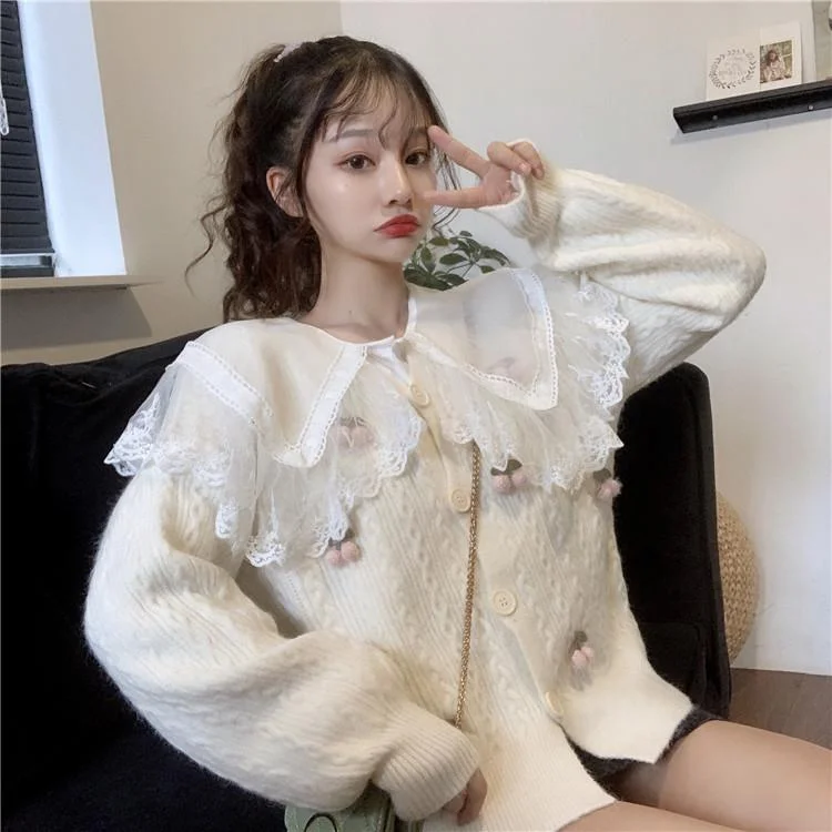 Women's Kawaii Puff Sleeved Cherry Cardigan