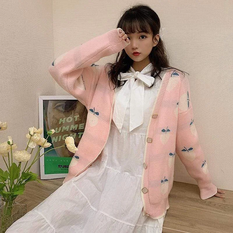 Women's Korean Fahion V-neck  Peach Autumn Cardigans