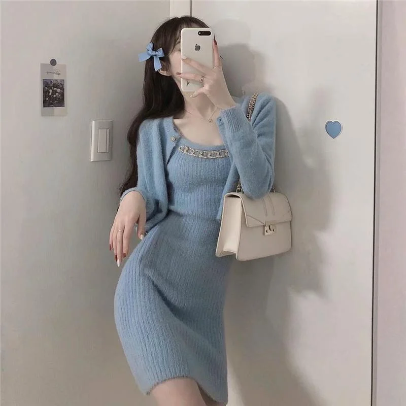 Women's Sweet Baby Blue Slip Dresses With Cardigans