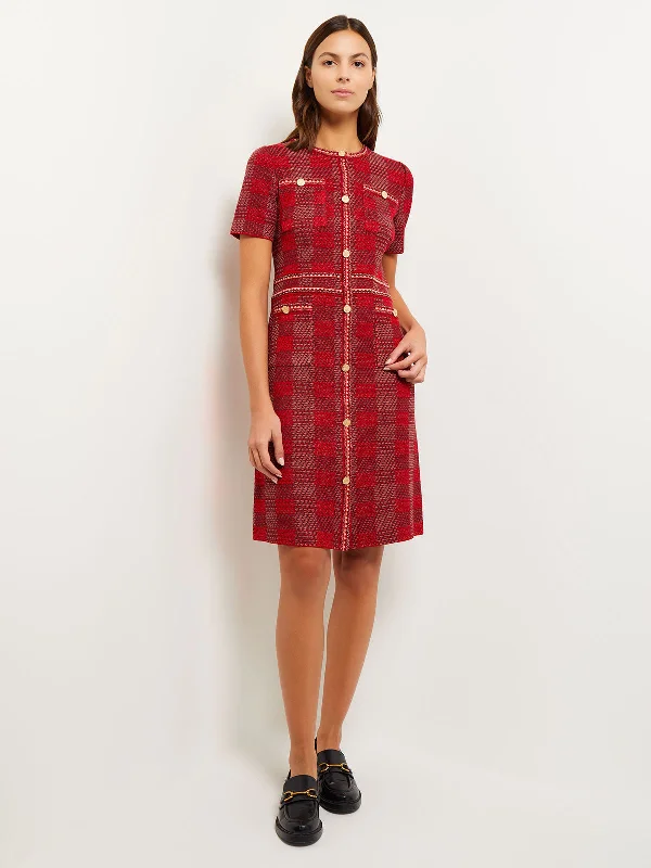 Bold Plaid Tweed Knit Sheath Dress, Classic Red