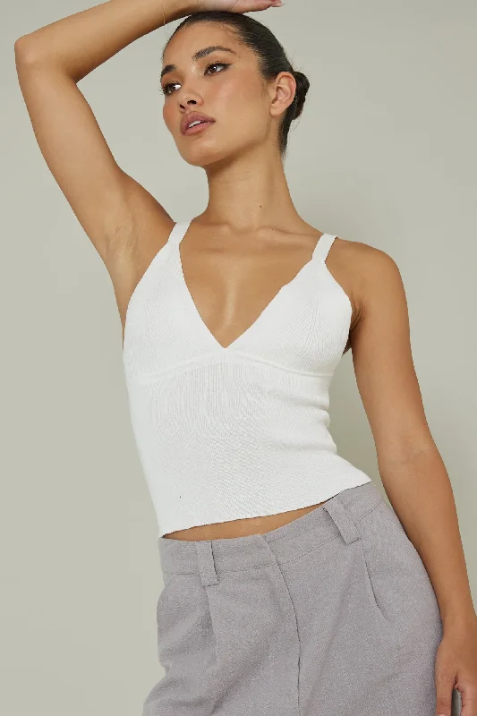 City V-Neck Knit Top White