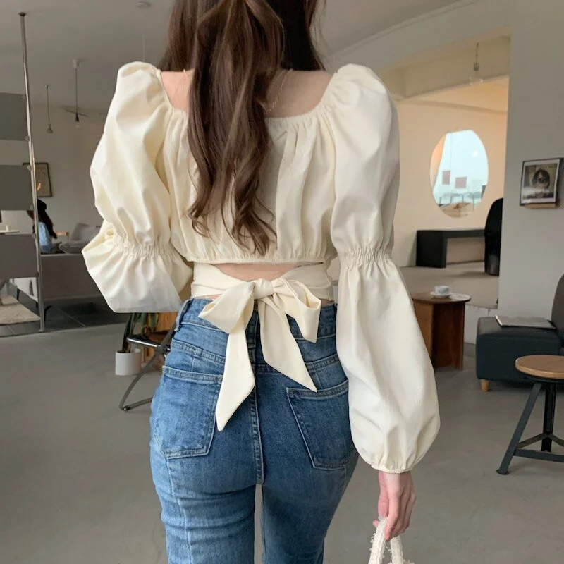 Elegant Blouse Women Spring Summer  New French Style Square Collar Puff Sleeve Chic Shirts Ladies Casual Crop Top