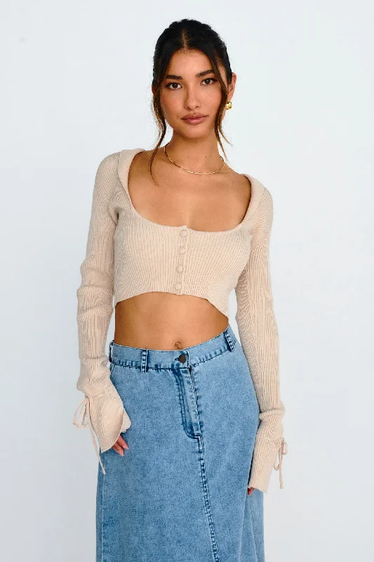 Pippi Flared Cuff Knit Crop Top Taupe