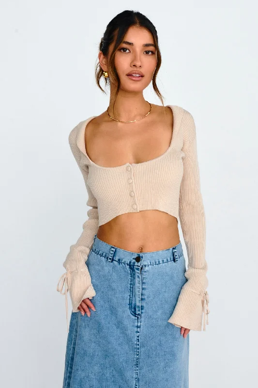 Pippi Flared Cuff Knit Crop Top Taupe