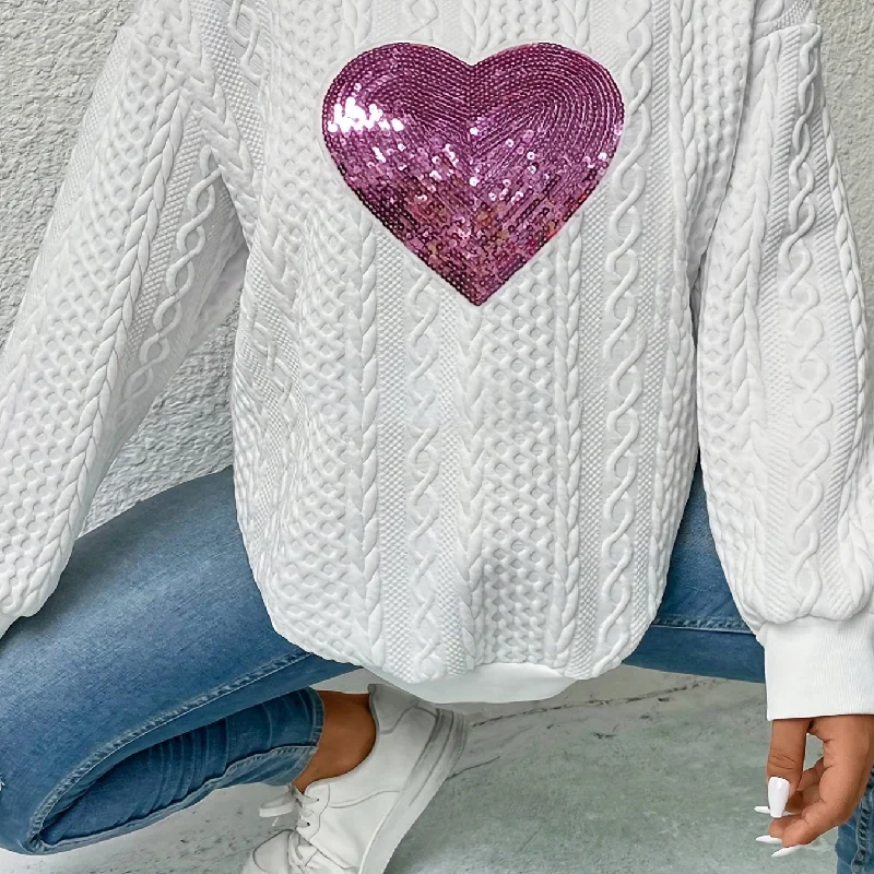 Sixsr Casual Sweatshirt, Women's Plus Sequin Heart Print Cable Long Sleeve Crew Neck Slight Stretch Pullover Sweatshirt Plus Size, Casual Tops For Fall & Winter, Women's Clothing