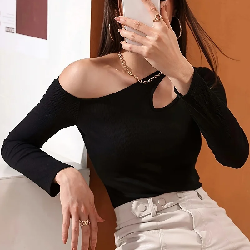 Sixsr Cutout Solid Cold Shoulder T-Shirt, Casual Long Sleeve Top For Spring & Fall, Women's Clothing