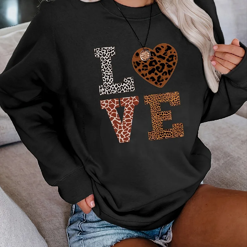 Sixsr Leopard Love Graphic Print Pullover, Vintage Long Sleeve Casual Sweatshirt For Winter & Fall, Women's Clothing