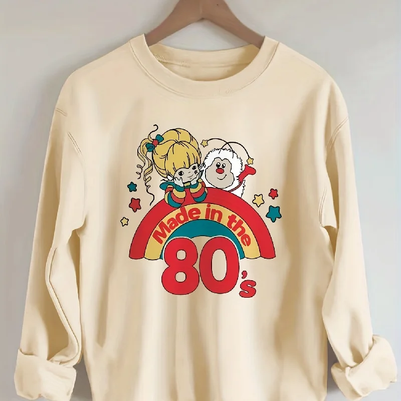 Sixsr Plus Size Casual Sweatshirt, Women's Plus Cartoon Figure & Rainbow & Letter ""80s"" Print Long Sleeve Round Neck Slight Stretch Sweatshirt