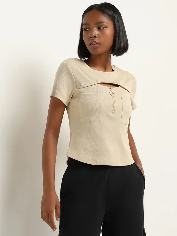 Studiofit Beige Cut-Out Detail Ribbed T-Shirt