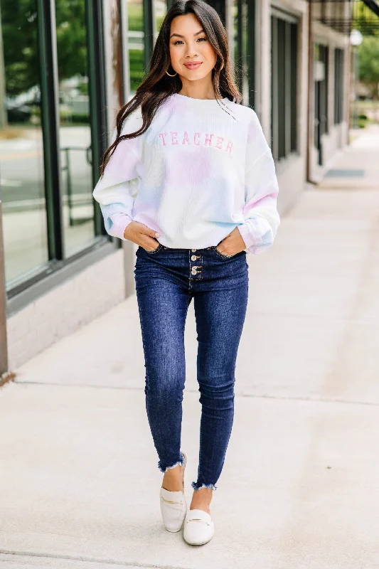 Teacher Pink Tie Dye Corded Embroidered Sweatshirt