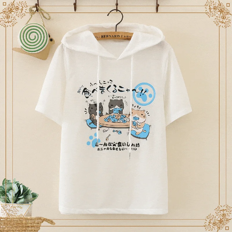 Women's Harajuku Cats Printed Tees With Hood